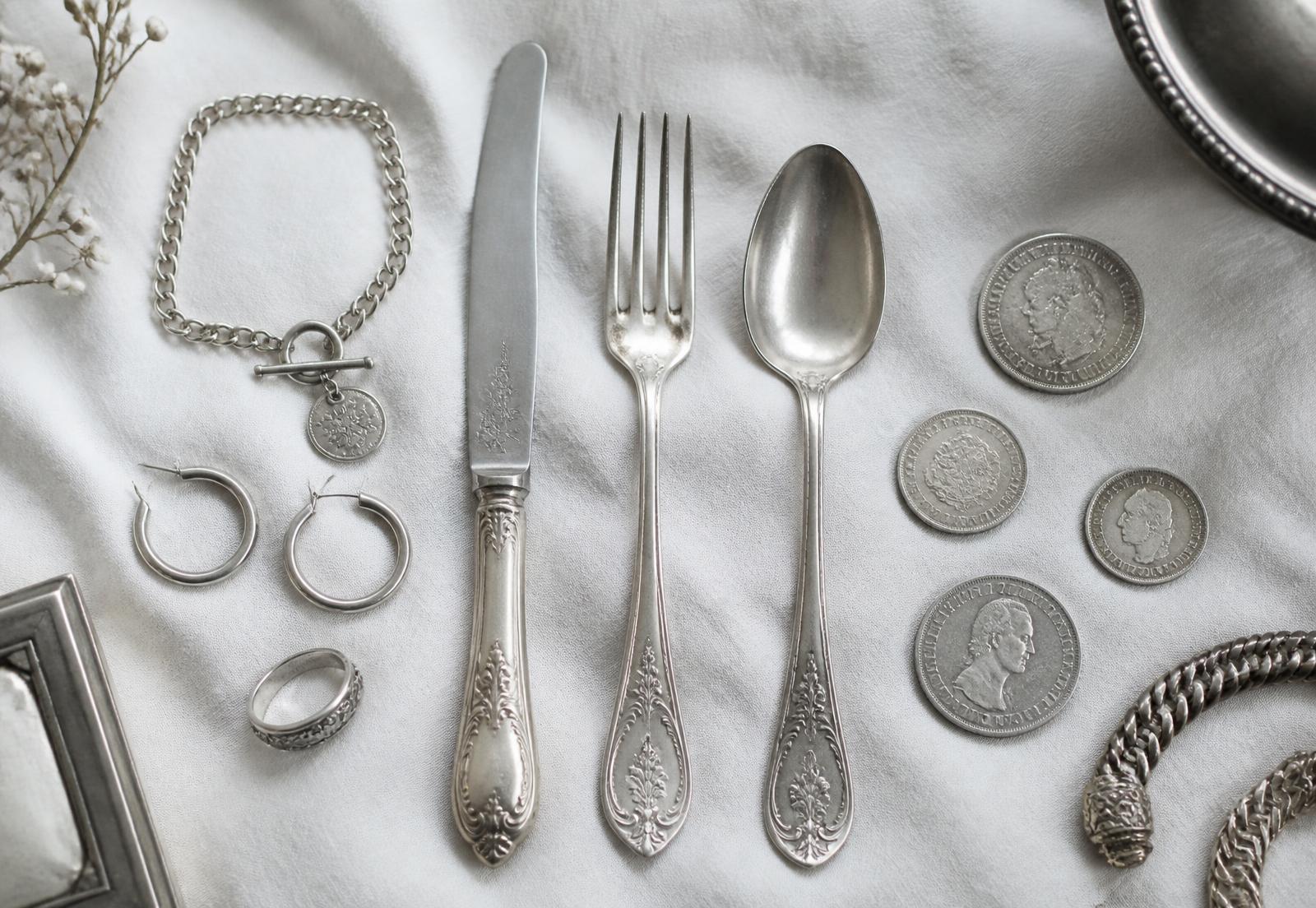 Silverbestick, silversmycken och silvermynt upplagda på vitt linne